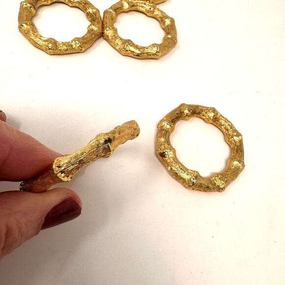 VTG MCM Hollywood Regency Gold Tone Bamboo Napkin Rings Set of 6 Heavy - Picture 3 of 4